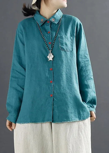 Blue Blouses for Lapel Embroidery Baggy Blouse