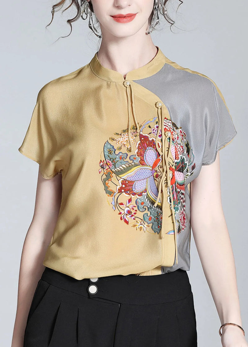 Modern Khaki Print Patchwork Button Silk Top Short Sleeve