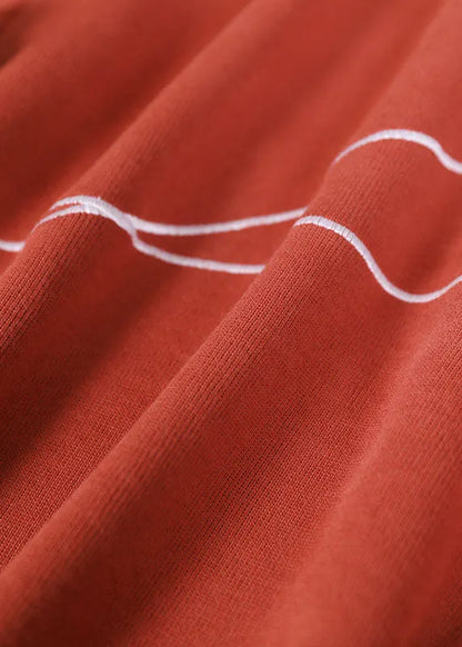 Brick Red O-neck Embroideried Loose Fall Sweatshirt