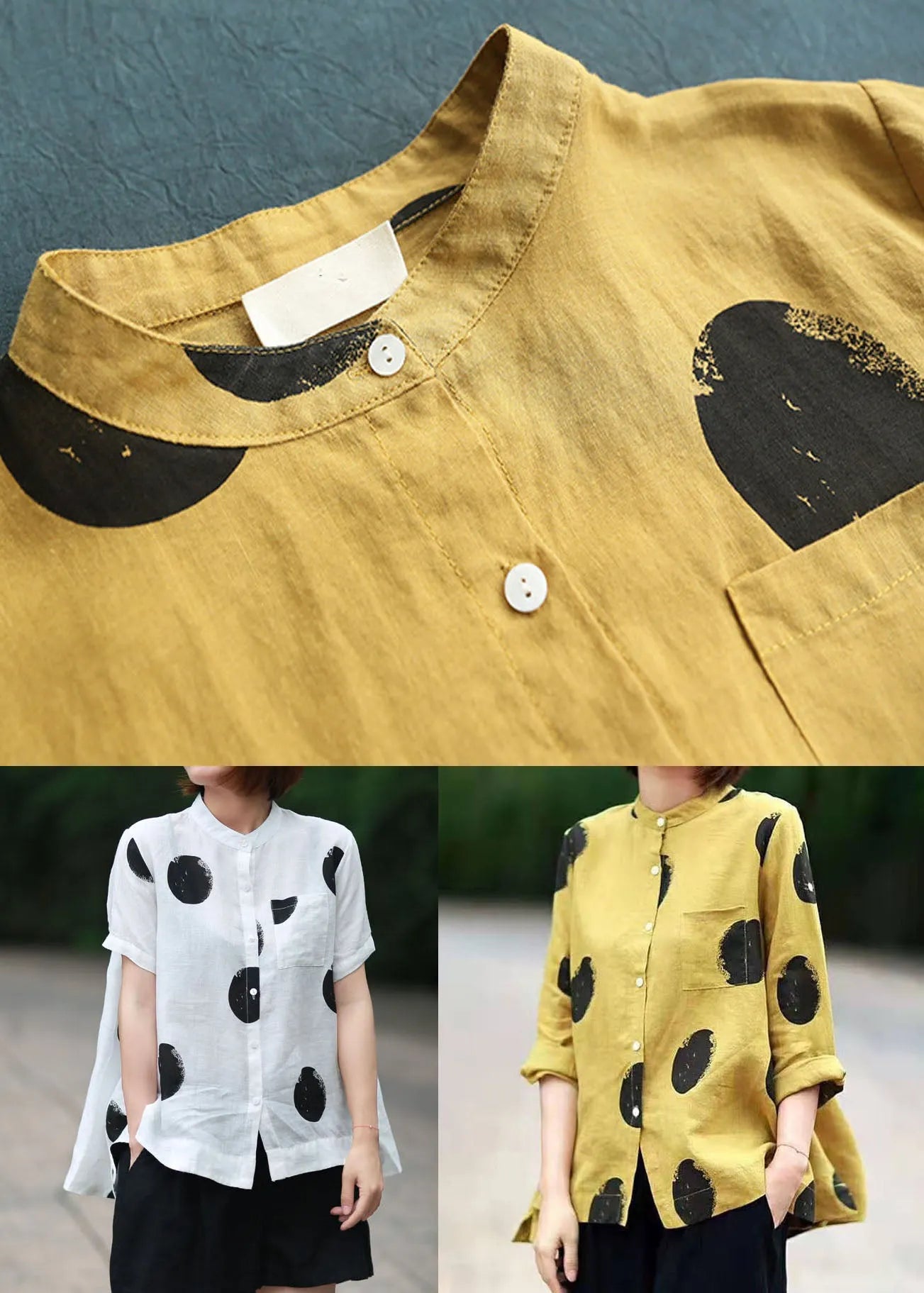 Diy White Stand Collar Dot Print Patchwork Linen Blouses Summer