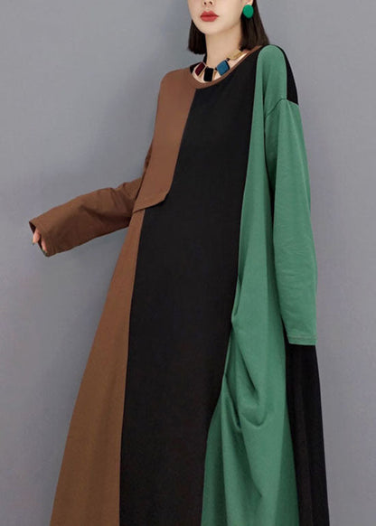 Diy Green O-neck Pockets Asymmetrical Patchwork Long Dresses Spring