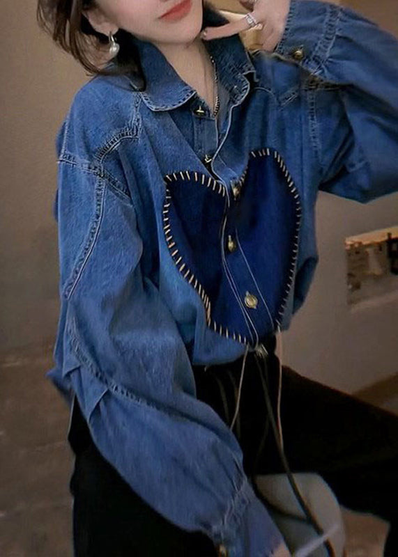 French Blue Peter Pan Collar Button Patchwork Denim Shirts Top Spring