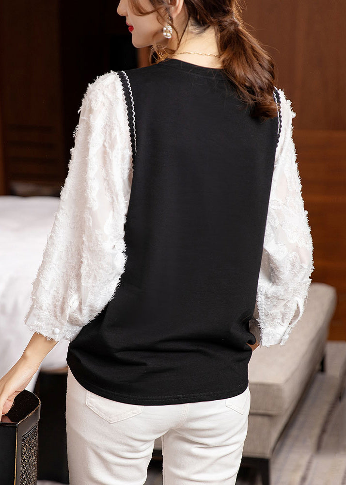 Black O Neck Patchwork Cotton Blouse Top Fall