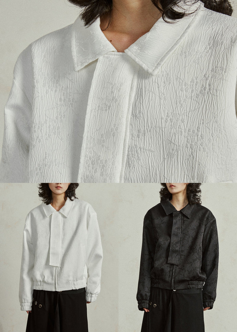 White Jacquard Pockets Silk Fall Coat Peter Pan Collar