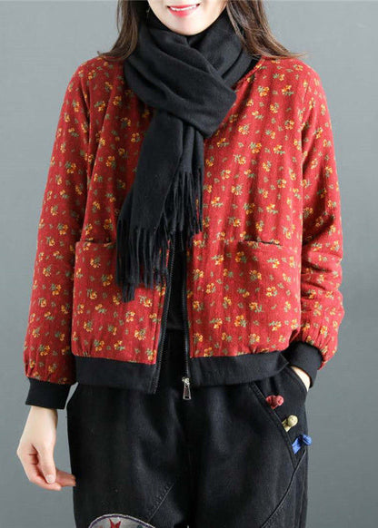 Red Print Zip Up Pockets Patchwork Fine Cotton Filled Witner Coats