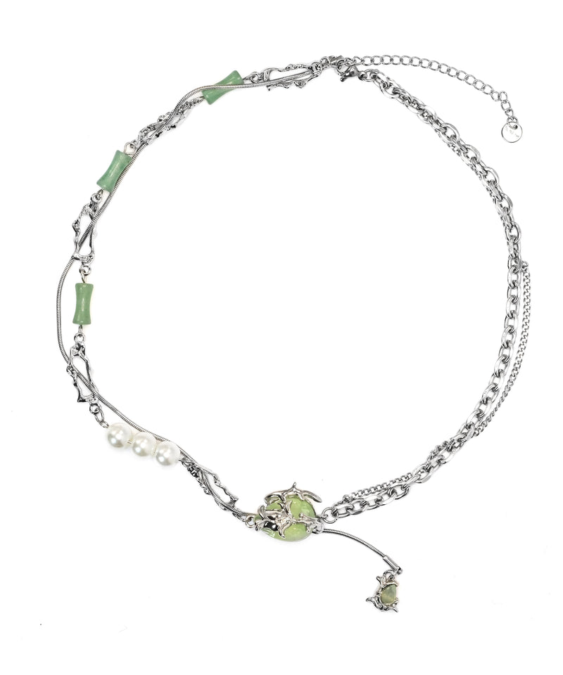 Stylish Green Stainless Steel Pearl Jade Bamboo Joint Water Droplet Tassel Lariat Necklace