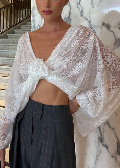 White V Neck Lace Top Spring
