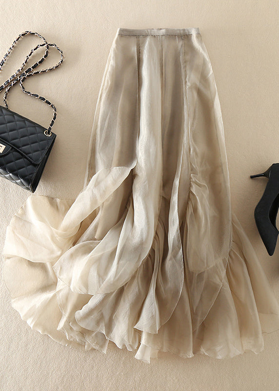 Stylish Champagne Patchwork Wrinkled Chiffon Skirt Spring