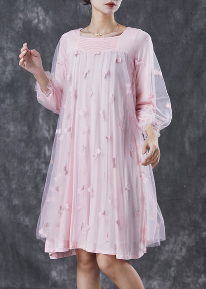 Pink Bow Square Collar Tulle Maxi Dresses Spring