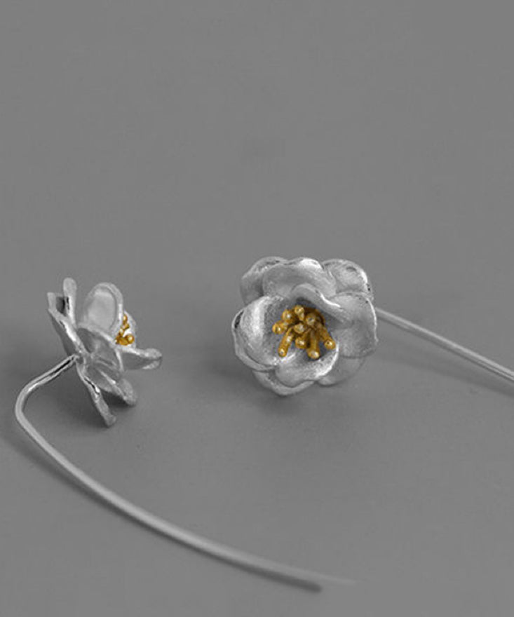 Brief Silk Sterling Silver Camellia Flower Tassel Drop Earrings
