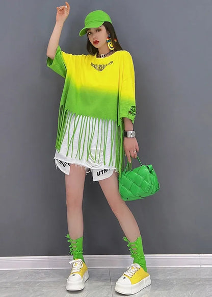 Yellow Blue Gradient Color Hole Patchwork Tassel Cotton Tanks Half Sleeve