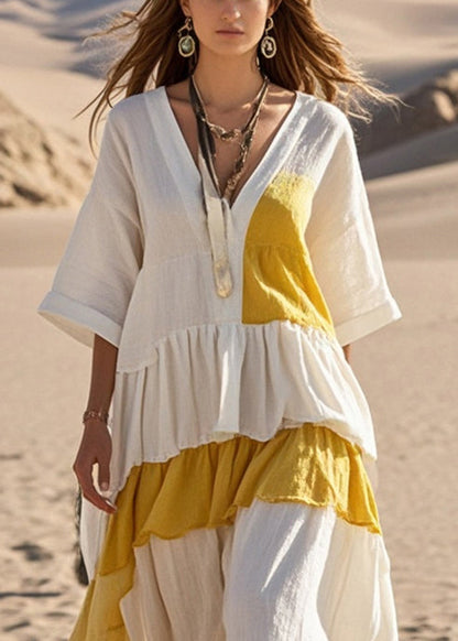 Stylish White Asymmetrical Patchwork Cotton Holiday Dress Bracelet Sleeve Summer