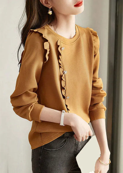 Loose Caramel O-neck Ruffled Button Cotton Sweatshirts Top Spring