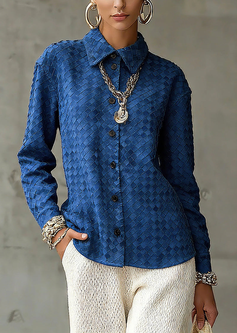Unique Blue Peter Pan Collar Plaid Button Faux Suede Shirt Spring