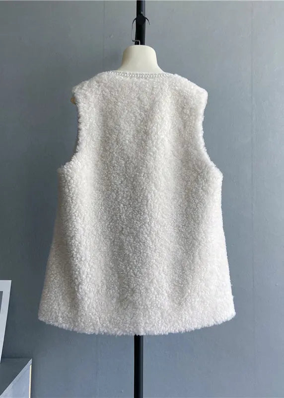 Beige V Neck Pockets Button Wool Vest Sleeveless