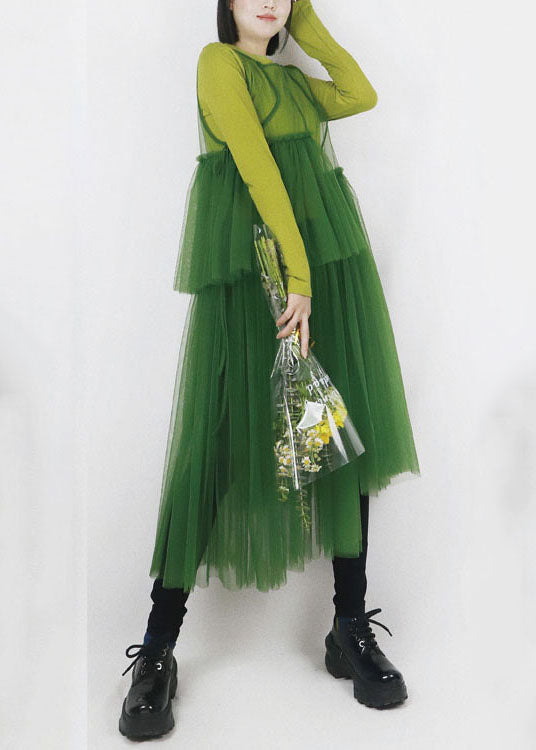 Green Patchwork Tulle Long Dress Hollow Out Color Summer
