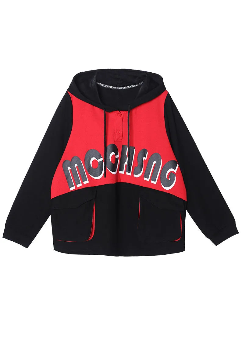 Comfy Red Hooded Drawstring Pockets Fall Patchwork Pullover Street Wear