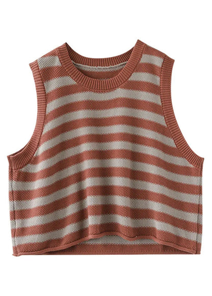 Organic Orange O-neck Striped Knit Tank Tops Sleeveless
