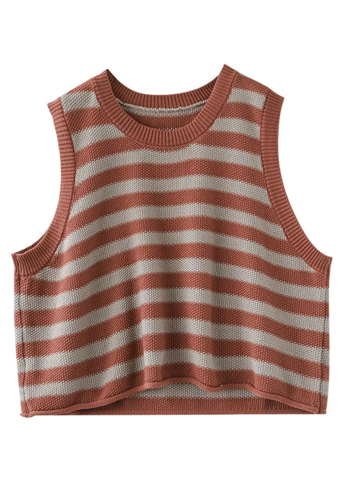 Organic Orange O-neck Striped Knit Tank Tops Sleeveless