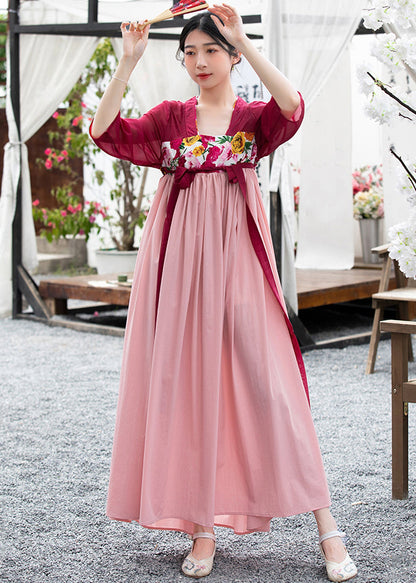 Red Embroideried Lace Up Wrinkled Patchwork Chiffon Long Dresses Summer