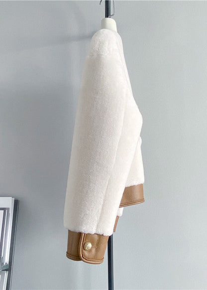 French White V Neck Patchwork Leather and Fur Jackets Winter