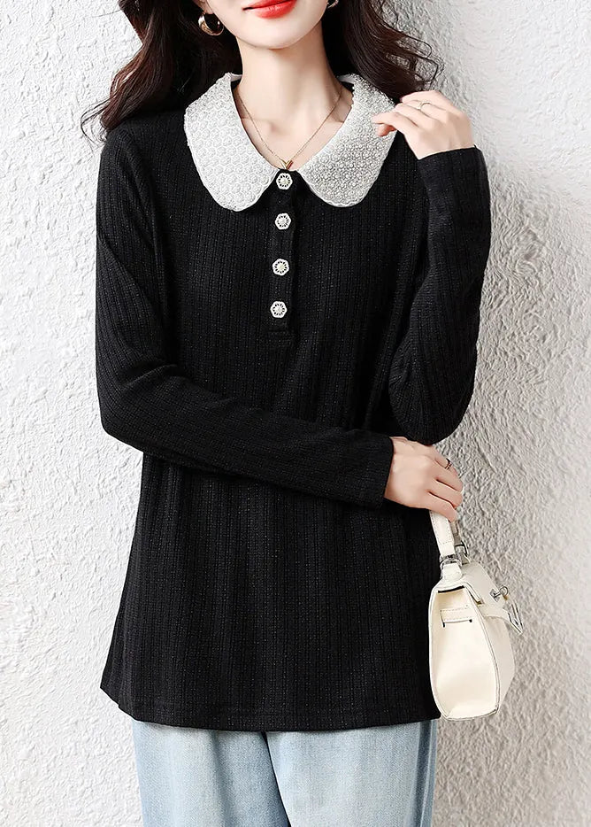 Handmade Black Peter Pan Collar Nail Bead Cotton Blouses Fall