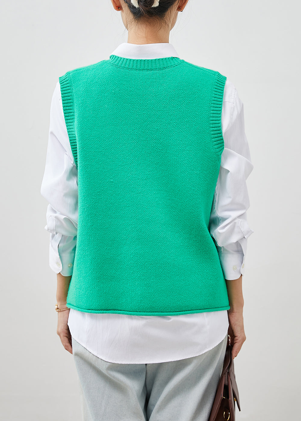 Green Jacquard Knit Vest Tops Spring