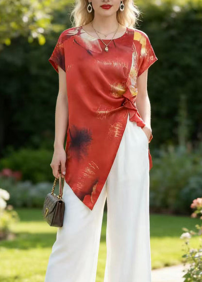 Red Asymmetrical Print Silk Two Pieces Set Summer