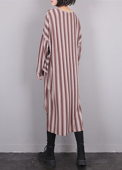 Red O-neck Asymmetrical Striped Low High Design Maxi Dress Fall