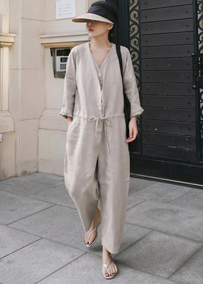 Grey V Neck Button Linen Jumpsuit Spring
