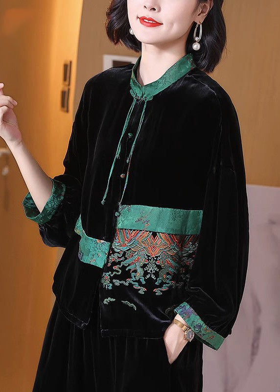 Loose Black Embroideried Button Silk Velour Top Long Sleeve