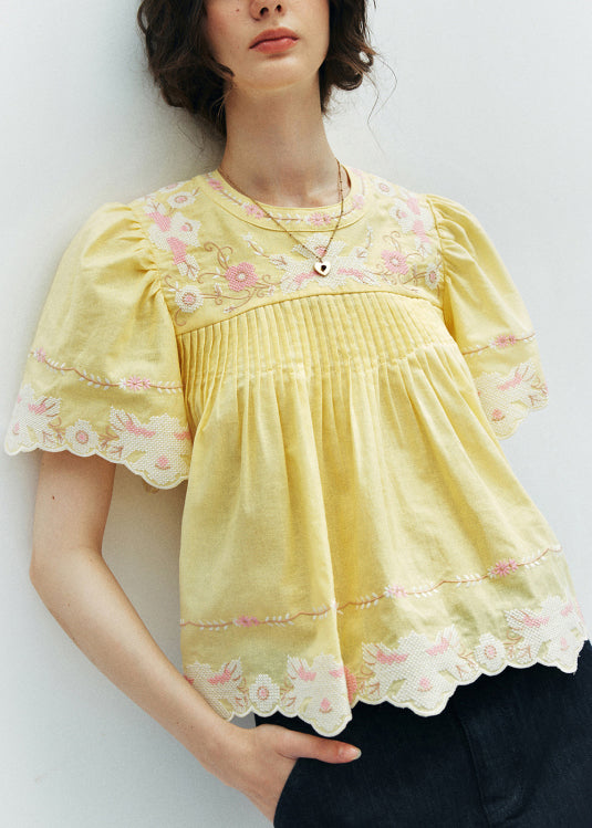 Yellow Embroidered Puff Sleeve Cotton Shirt