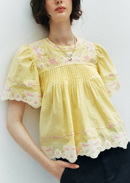 Yellow Embroidered Puff Sleeve Cotton Shirt