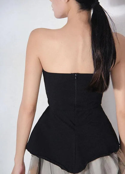 Black Cold Shoulder Slash Neck Asymmetrical Design Breast Wrapping Cotton Top Summer