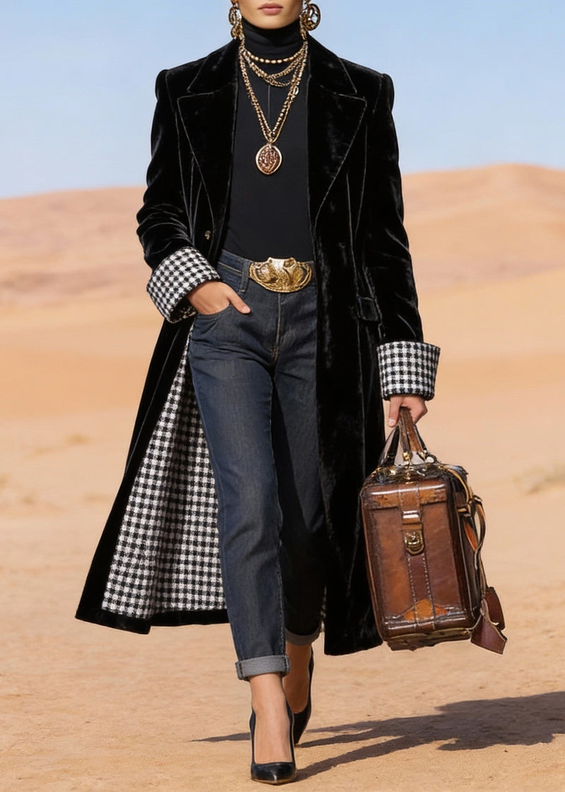 Black Peter Pan Collar Pockets Velvet Trench Spring