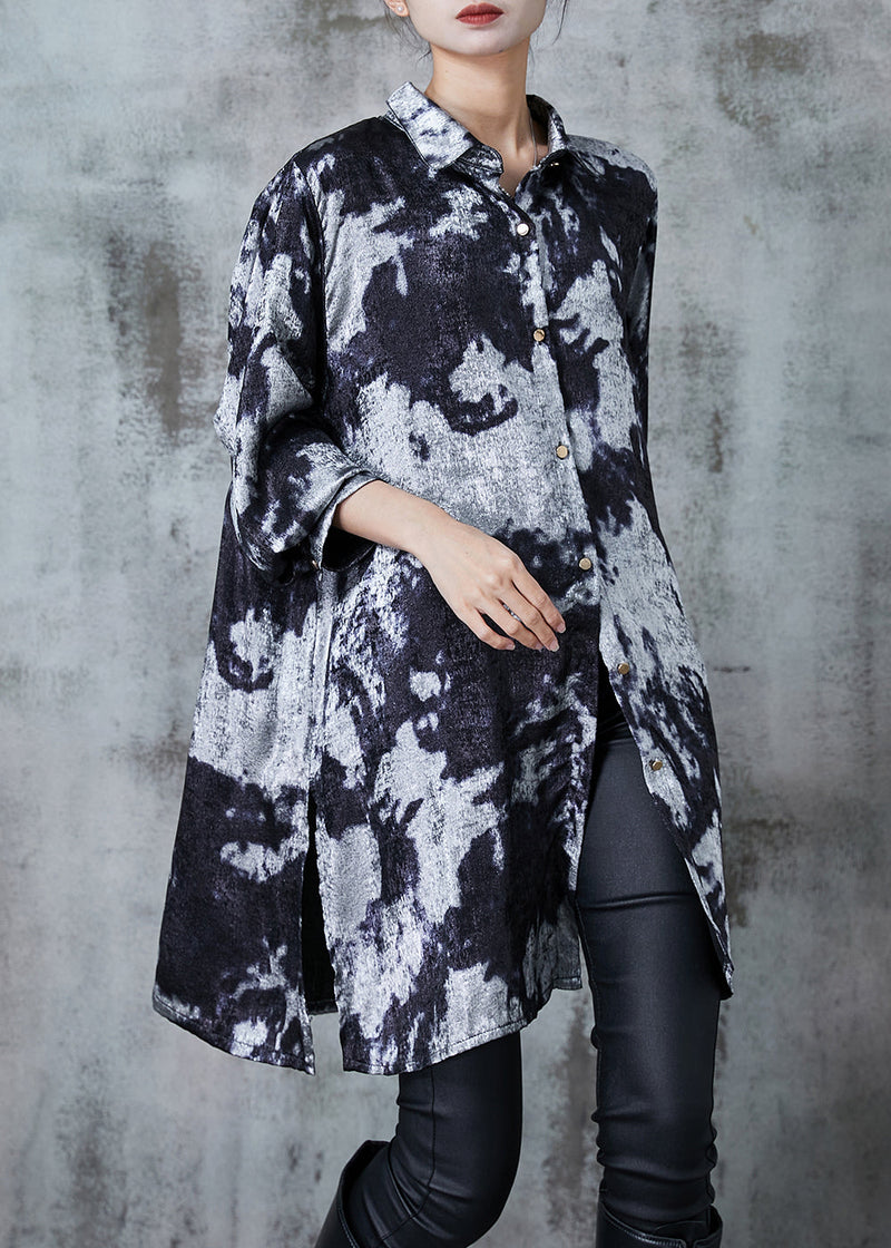 Grey Oversized Tie Dye Silk Printing Shirt Dress Fall