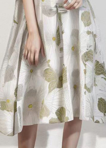 French Apricot O-neck Print Silk Long Dress Summer