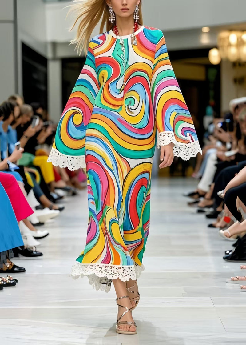 Rainbow Print Patchwork Lace Chiffon Dress Summer