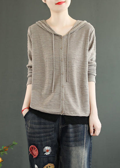 Coffee Hooded Button Patchwork Knitting Cotton Top Fall