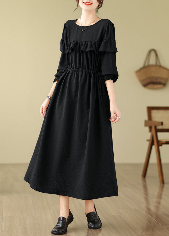 French Green O-neck Ruffled Patchwork Drawstring Party Long Dress Fall