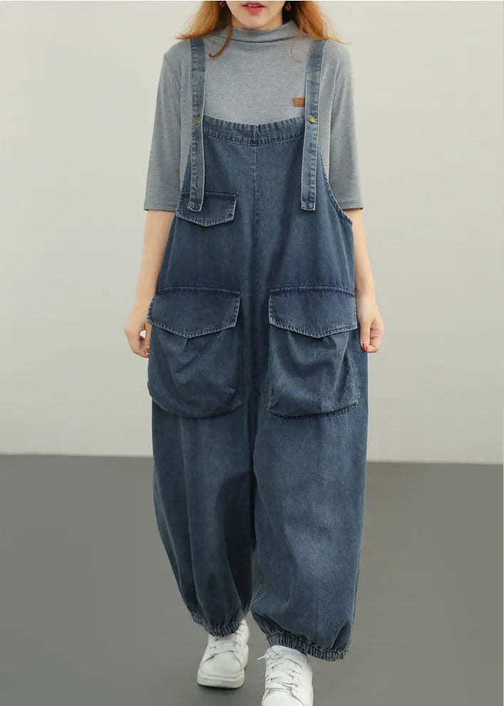 Blue Pockets Cotton Denim Jumpsuit Spring