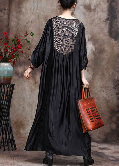 Black Asymmetrical Print Silk Ankle Dress Spring