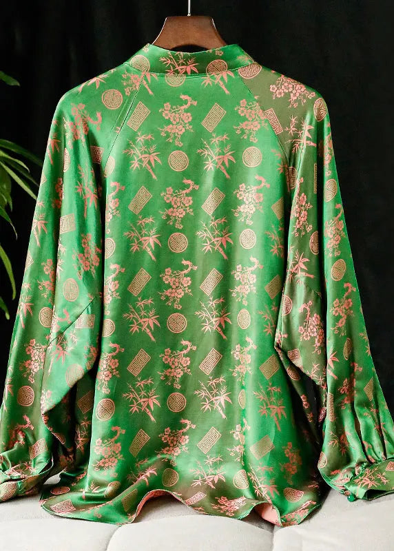 Green Stand Collar Button Print Silk Shirt Tops Long Sleeve