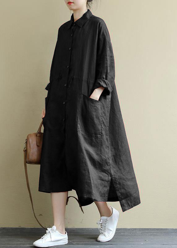 Green Flower Linen Shirt Dress Oversize Spring Maxi Dresses