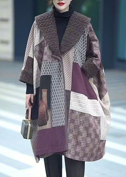 Colorblock V Neck Plaid Pockets Button Trench Coat Winter