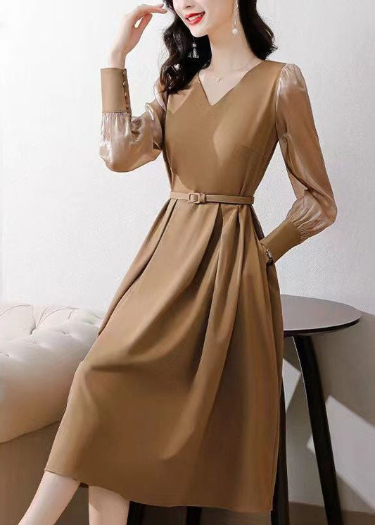 Khaki Patchwork Spandex a Line Dresses Cinched Spring