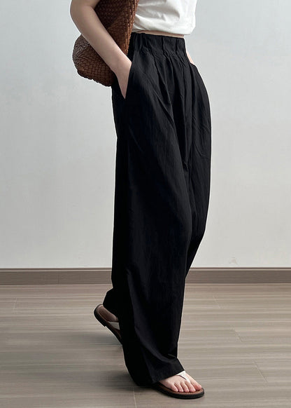 Black Pockets Cotton Wide Leg Pants Elastic Waist Wrinkled Fall