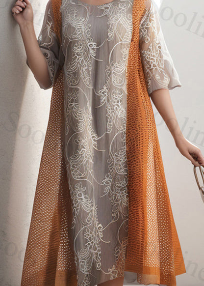 Orange O Neck Print Patchwork Silk Dresses Summer