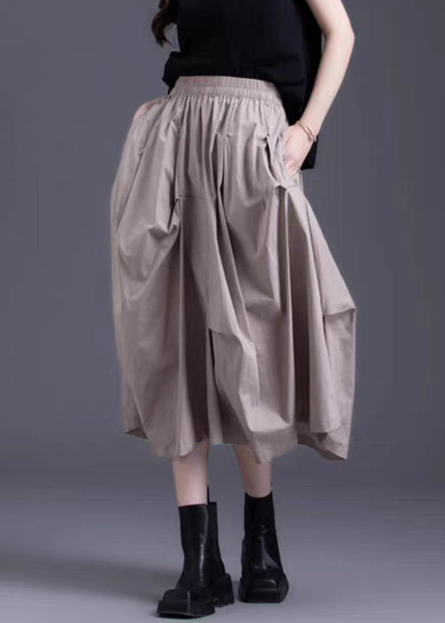 Khaki Asymmetrical Wrinkled Elastic Waist Cotton Skirt