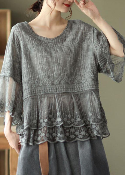 Loose Khaki O-neck Embroideried Patchwork Summer Shirts Half Sleeve